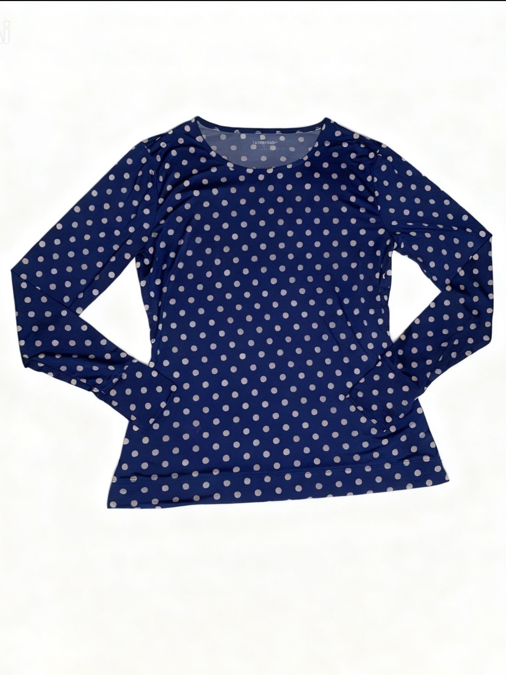 Lands' End Navy Blue Polka Dot Crew Neck Top